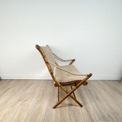 French Campaign Folding Settee in Worn Gilt Frame with Upholstery circa 1880