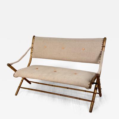 French Campaign Folding Settee in Worn Gilt Frame with Upholstery circa 1880