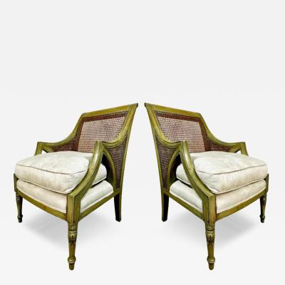 French Caned Painted Bergere Chairs Louis XVI Style Loose Seat Cushions Pair