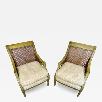 French Caned Painted Bergere Chairs Louis XVI Style Loose Seat Cushions Pair