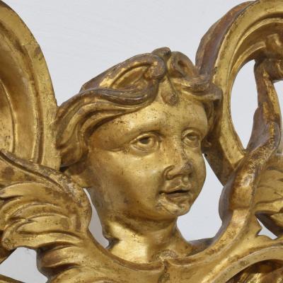 French Carved Giltwood Ornament With Winged Angel Head circa 1880 1900