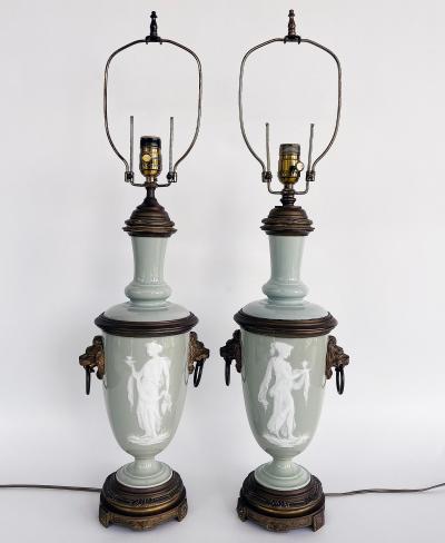 French Celadon P te sur p te Porcelain Lamps with Custom Shantung Silk Shades PR