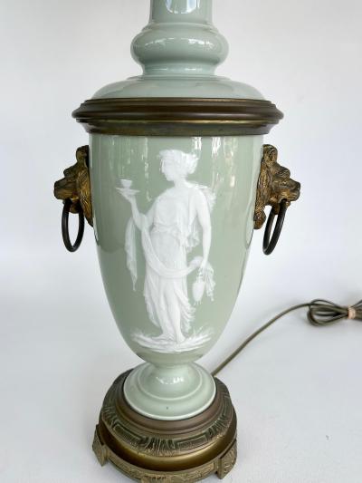 French Celadon P te sur p te Porcelain Lamps with Custom Shantung Silk Shades PR