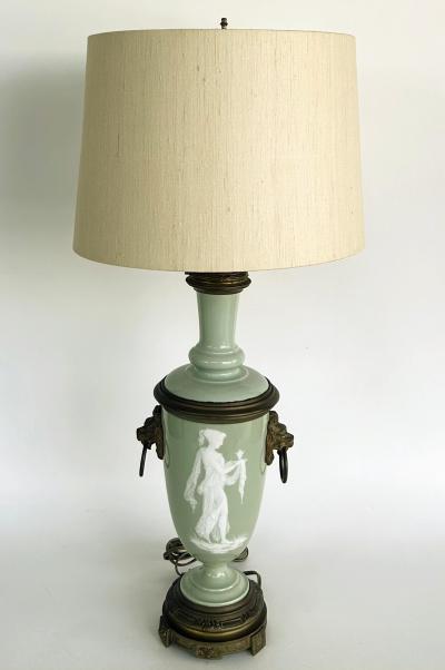 French Celadon P te sur p te Porcelain Lamps with Custom Shantung Silk Shades PR