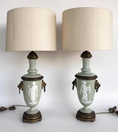 French Celadon P te sur p te Porcelain Lamps with Custom Shantung Silk Shades PR