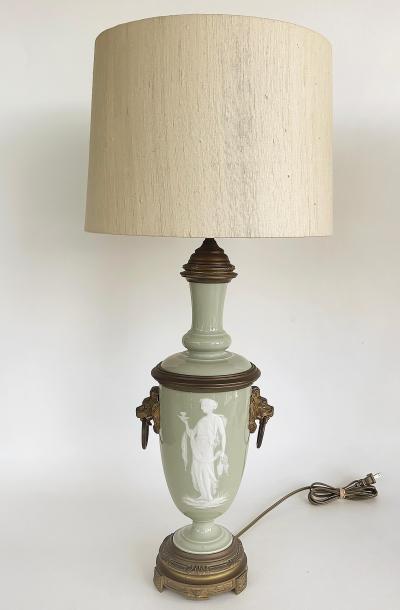 French Celadon P te sur p te Porcelain Lamps with Custom Shantung Silk Shades PR