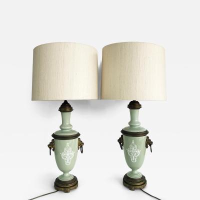 French Celadon P te sur p te Porcelain Lamps with Custom Shantung Silk Shades PR