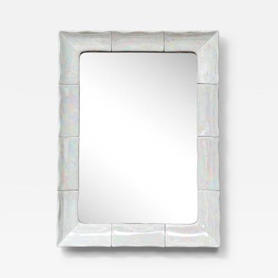 French Ceramic White Iridescent Mirror 1970