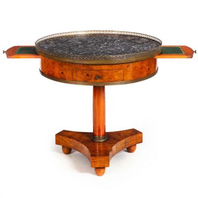 French Charles X Antique Burlwood Marble Drum Top Side or End Table