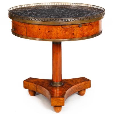 French Charles X Antique Burlwood Marble Drum Top Side or End Table