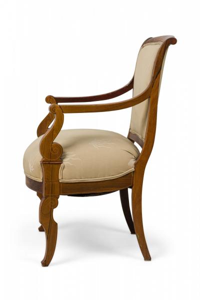 French Charles X Inlaid Mahogany and Walnut Open Armchair in Beige Upholstery