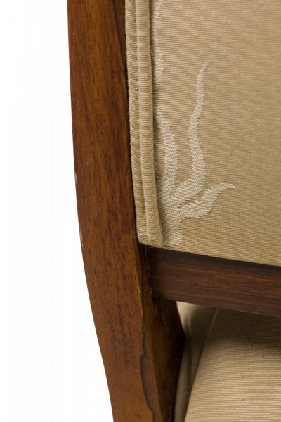 French Charles X Inlaid Mahogany and Walnut Open Armchair in Beige Upholstery