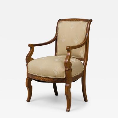 French Charles X Inlaid Mahogany and Walnut Open Armchair in Beige Upholstery