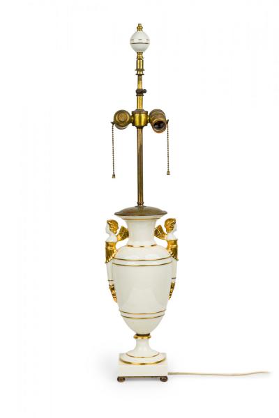 French Charles X style White and Gilt Ceramic and Brass Urn Form Table Lamp