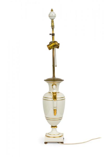 French Charles X style White and Gilt Ceramic and Brass Urn Form Table Lamp