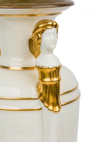 French Charles X style White and Gilt Ceramic and Brass Urn Form Table Lamp