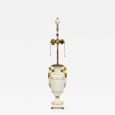 French Charles X style White and Gilt Ceramic and Brass Urn Form Table Lamp