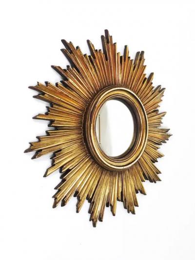French Convex Soleil Sunburst Starburst Gilt Wall Mirror Hollywood Regency