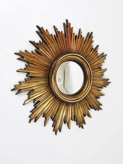 French Convex Soleil Sunburst Starburst Gilt Wall Mirror Hollywood Regency