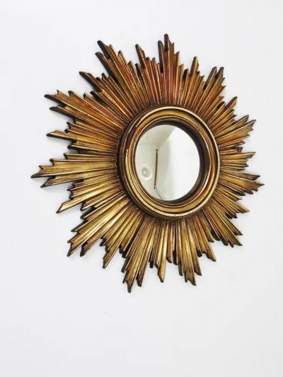 French Convex Soleil Sunburst Starburst Gilt Wall Mirror Hollywood Regency