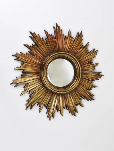 French Convex Soleil Sunburst Starburst Gilt Wall Mirror Hollywood Regency