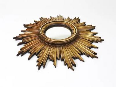 French Convex Soleil Sunburst Starburst Gilt Wall Mirror Hollywood Regency