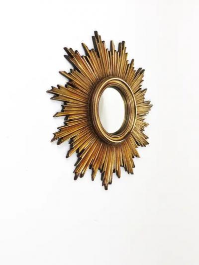 French Convex Soleil Sunburst Starburst Gilt Wall Mirror Hollywood Regency