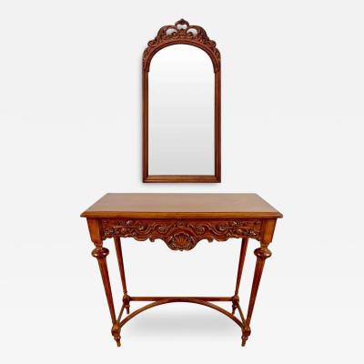 French Country Style Walnut Craved Small Console Mirror with Antiqued Glass