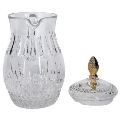 French Cut Crystal Brass Finial Water Pitcher