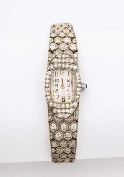 French Deco Diamond Honeycomb Design Platinum Watch