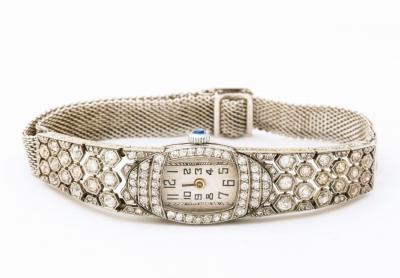 French Deco Diamond Honeycomb Design Platinum Watch