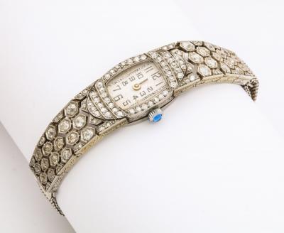 French Deco Diamond Honeycomb Design Platinum Watch