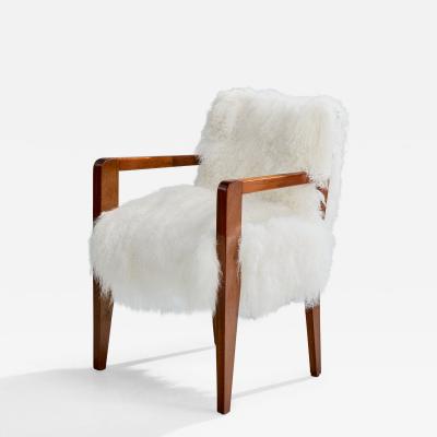 French Designer Armchair with Wood and Shearling France 1930s