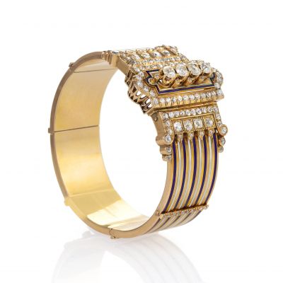 French Diamond and Enamel Jarreti re Bangle Bracelet