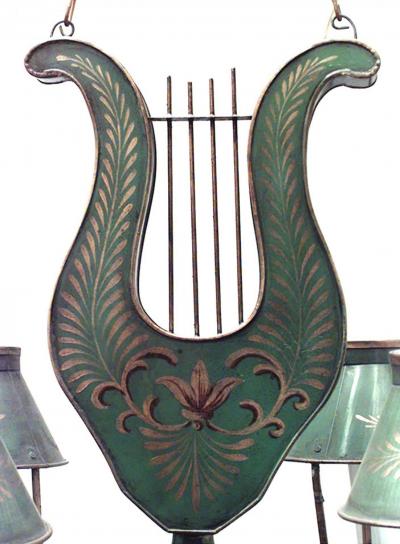 French Directoire Style Green Tole and Gilt Lyre Chandelier