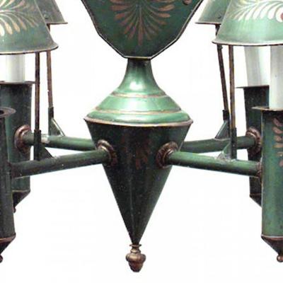French Directoire Style Green Tole and Gilt Lyre Chandelier