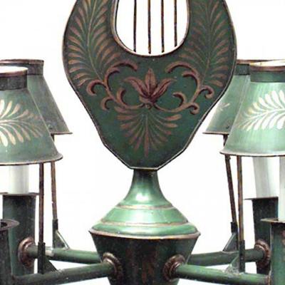 French Directoire Style Green Tole and Gilt Lyre Chandelier