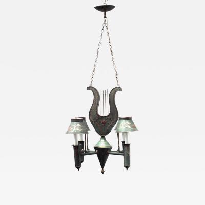 French Directoire Style Green Tole and Gilt Lyre Chandelier