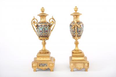 French Dore Bronze Mounted Champleve Garniture Set