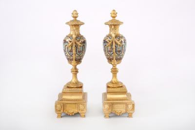 French Dore Bronze Mounted Champleve Garniture Set