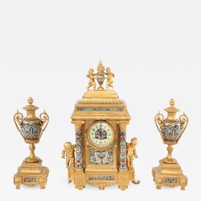 French Dore Bronze Mounted Champleve Garniture Set