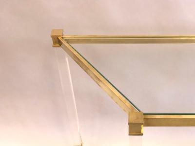 French Double Level Lucite Brass and Glass Trapezoid Form Console Sofa Table
