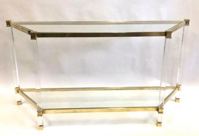 French Double Level Lucite Brass and Glass Trapezoid Form Console Sofa Table