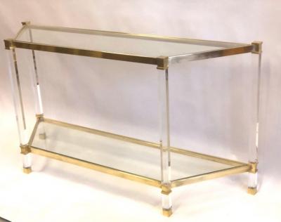 French Double Level Lucite Brass and Glass Trapezoid Form Console Sofa Table