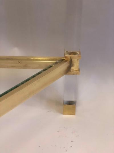 French Double Level Lucite Brass and Glass Trapezoid Form Console Sofa Table