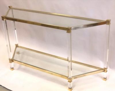 French Double Level Lucite Brass and Glass Trapezoid Form Console Sofa Table