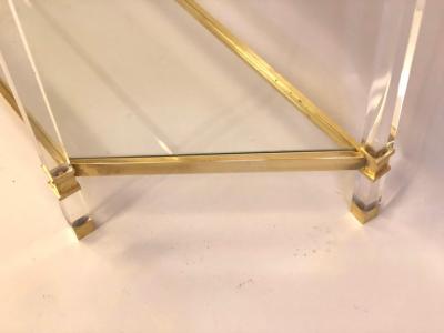French Double Level Lucite Brass and Glass Trapezoid Form Console Sofa Table