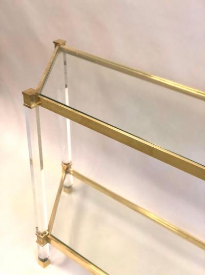 French Double Level Lucite Brass and Glass Trapezoid Form Console Sofa Table