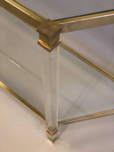 French Double Level Lucite Brass and Glass Trapezoid Form Console Sofa Table