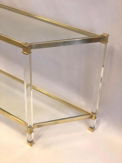 French Double Level Lucite Brass and Glass Trapezoid Form Console Sofa Table